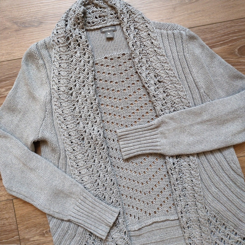 Eddie Bauer Open Knit Draped Cardigan Sweater - Gray Lounge Comfy Cotton Large